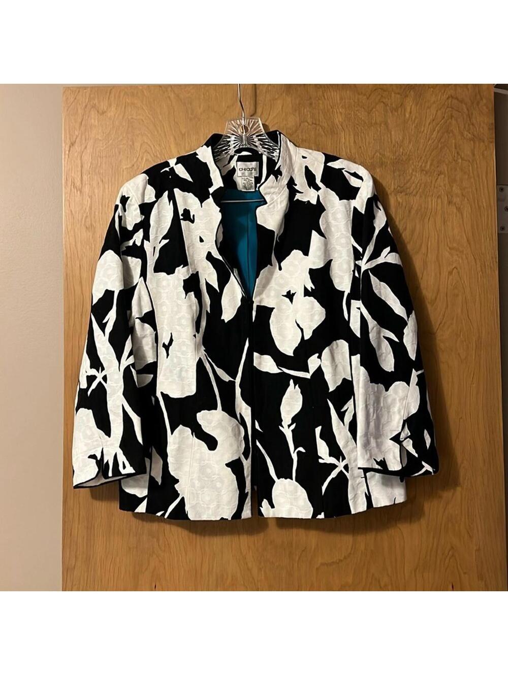 Chico's Textured Print Open‎ Front Jacket 3/4 Sleeve Size 2 (12/14)